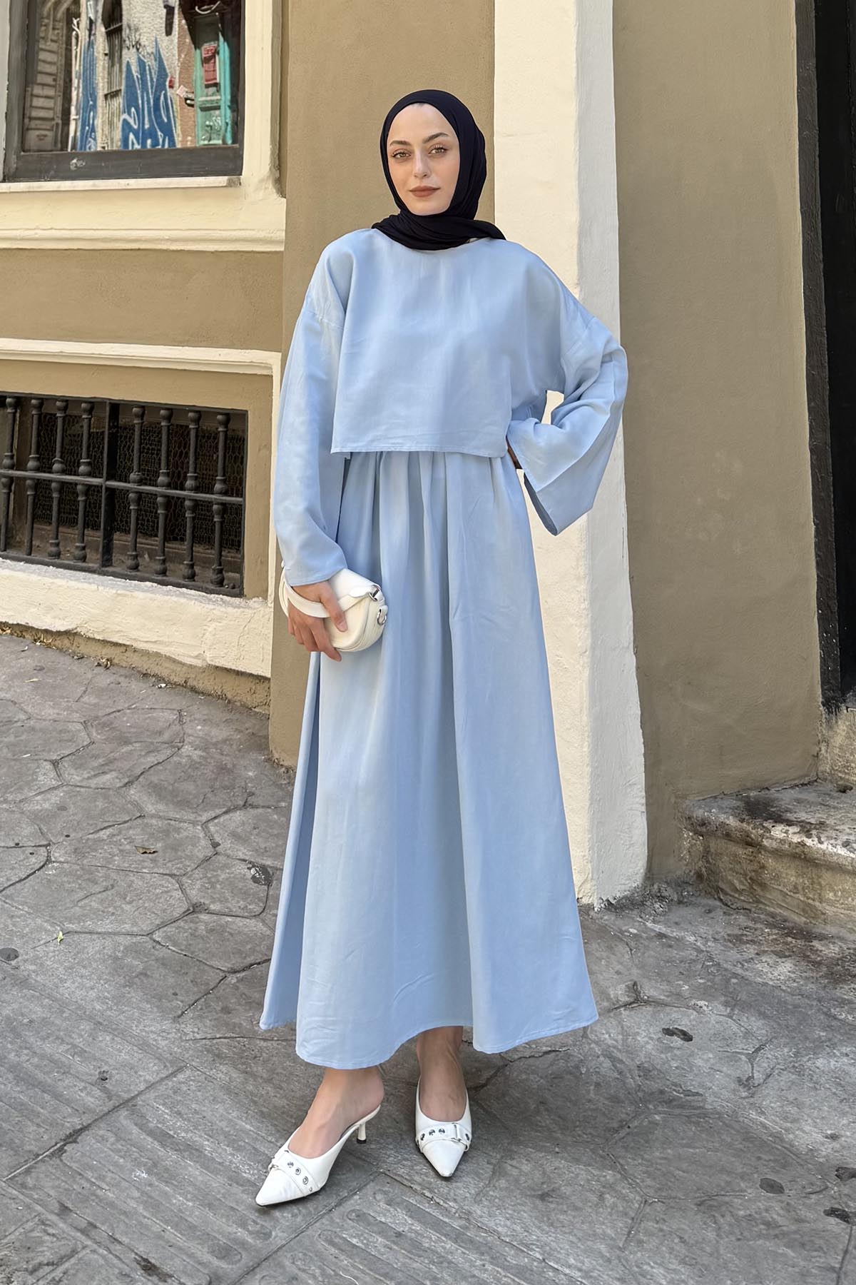 Baby Blue Crew Neck Long Arm Linen Flare Suit