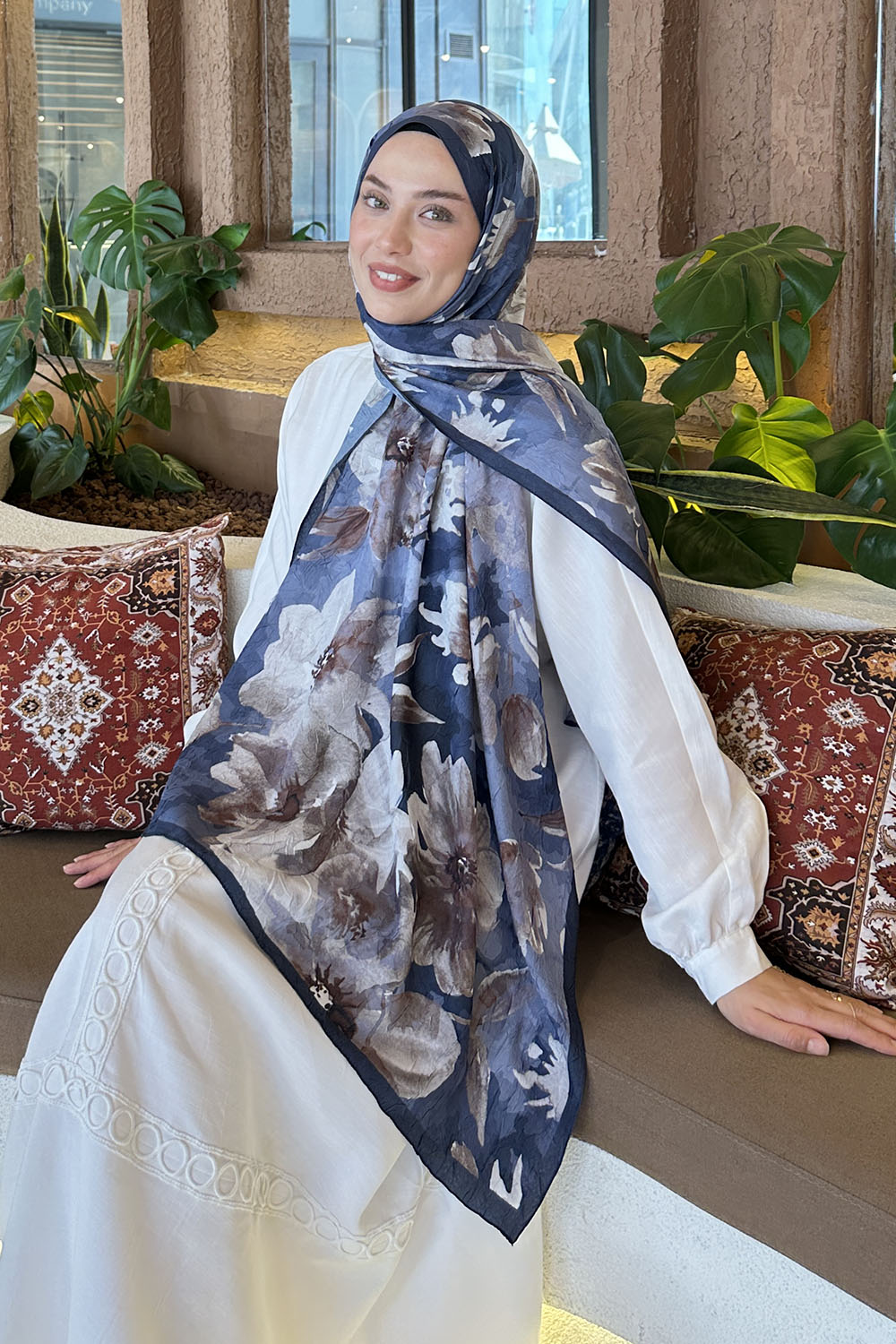 Lamelif Çiçek Desen Bambu Şal Antrasit