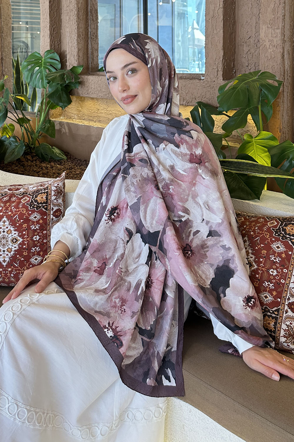 Lamelif Çiçek Desen Bambu Şal Gül Kurusu