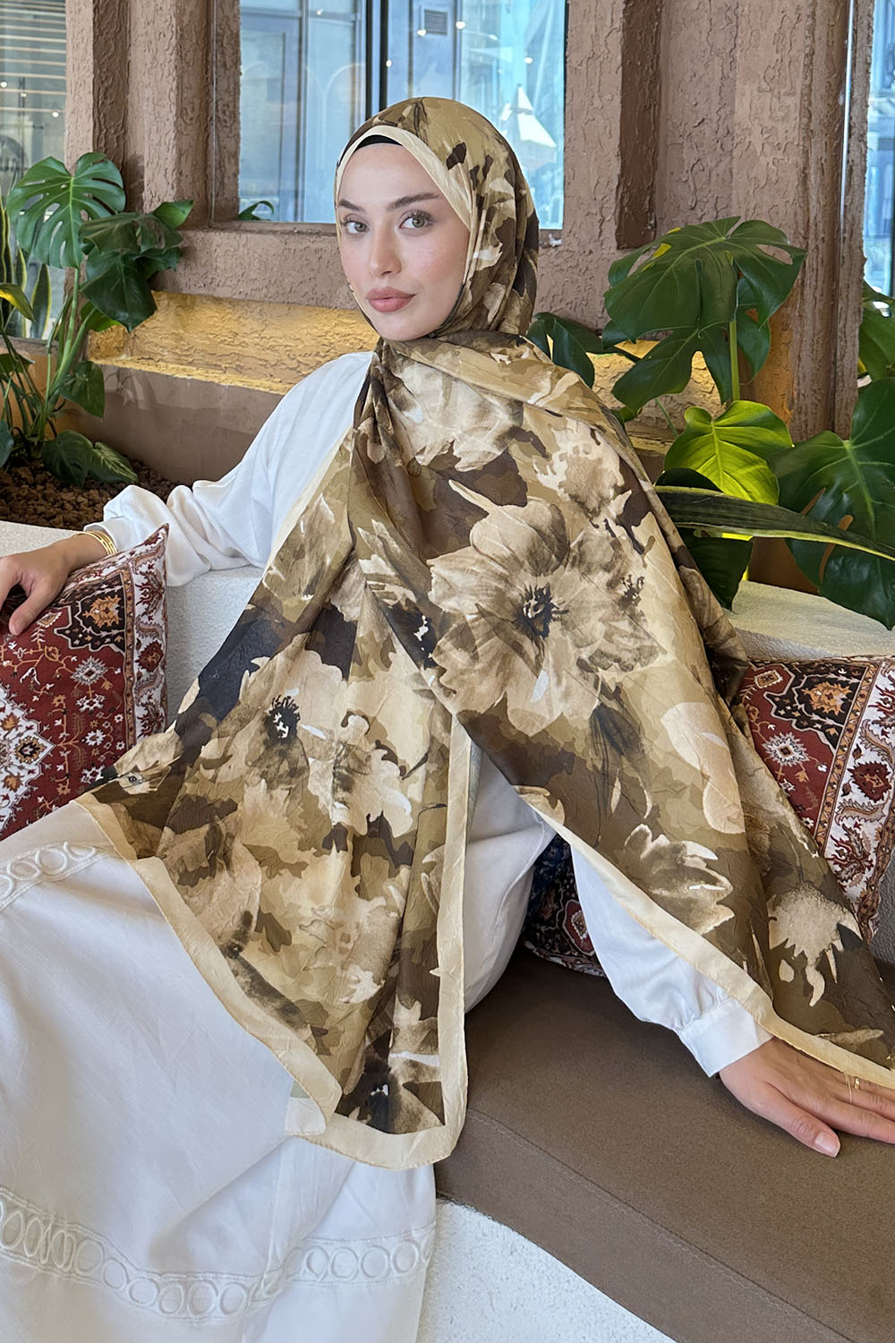 Lamelif Çiçek Desen Bambu Şal Sarı