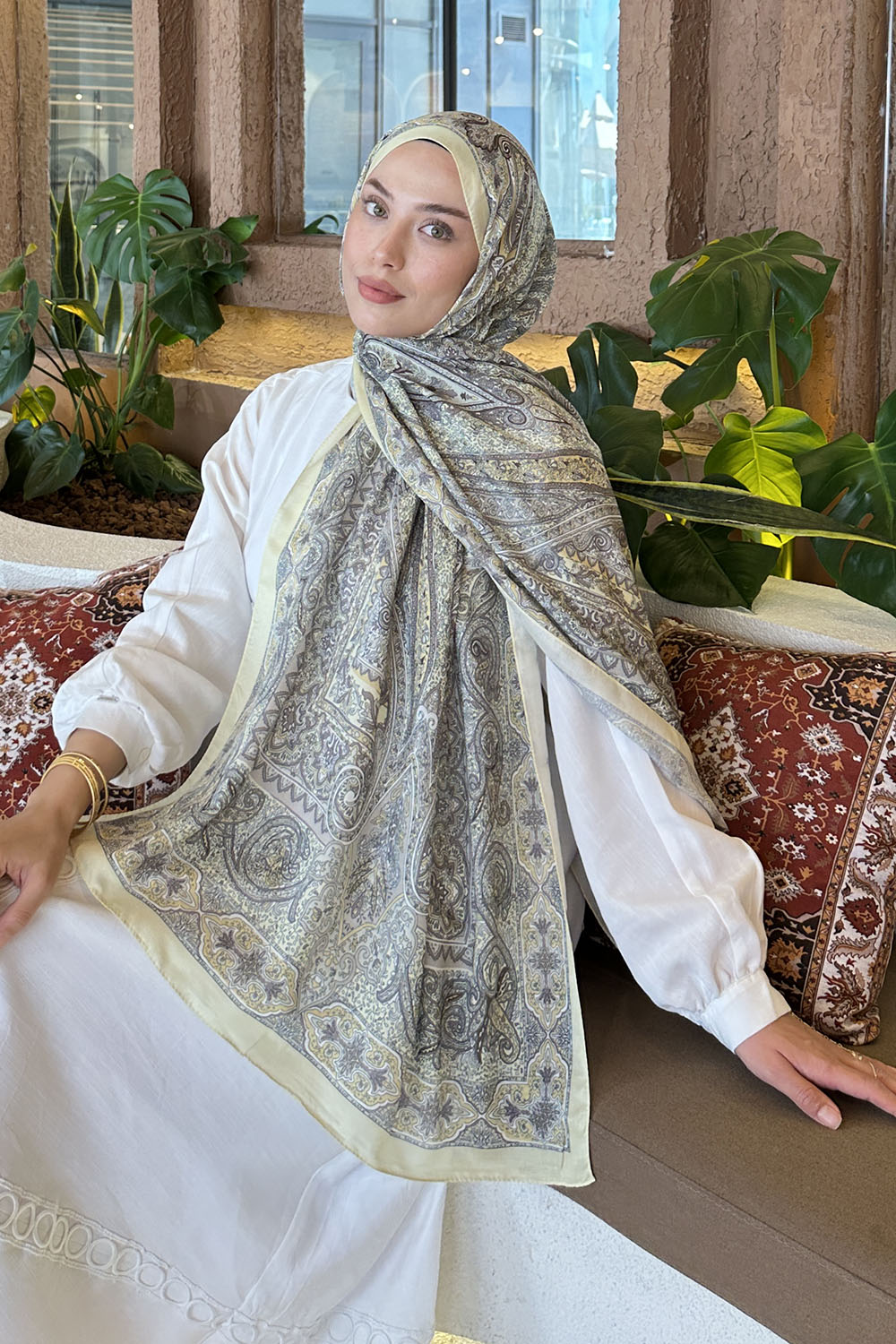 Lamelif Retro Desen Pamuk Şal Sarı