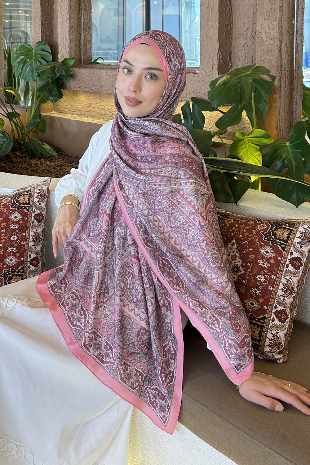 Lamelif Retro Desen Pamuk Şal Şeker Pembe