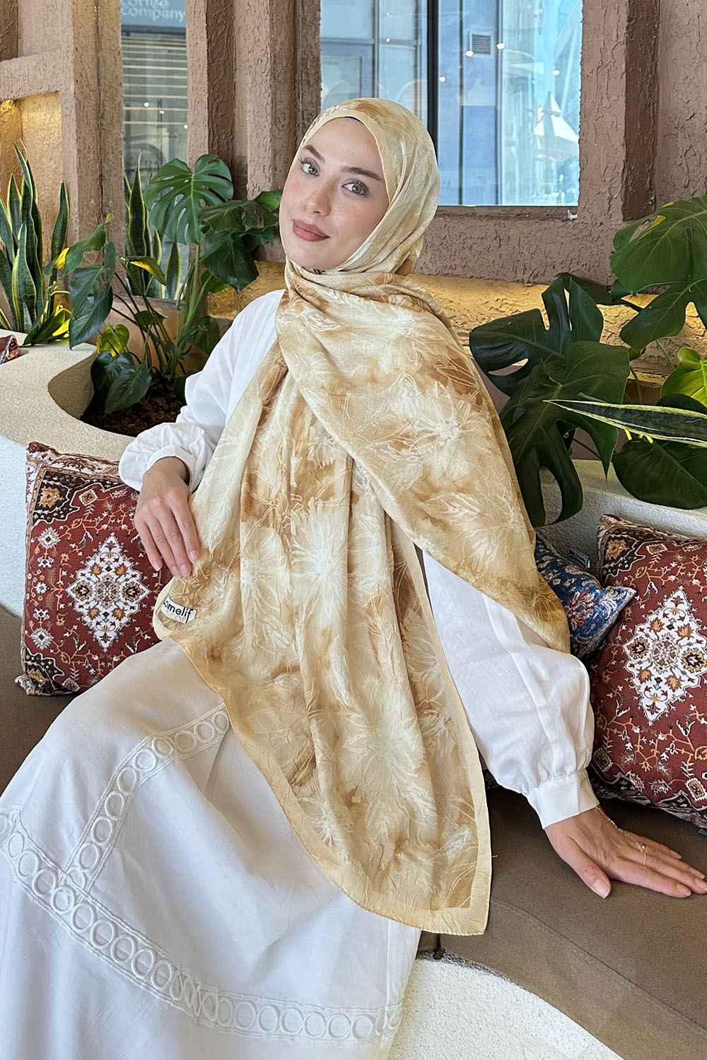 Lamelif Sarmaşık Desen Bambu Şal Sarı