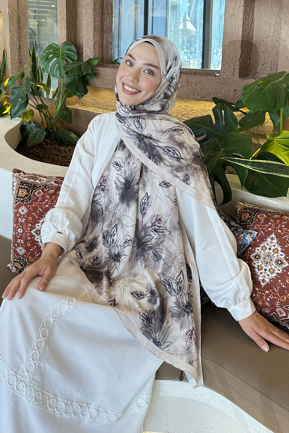 Lamelif Sarmaşık Desen Bambu Şal Vizonrengi