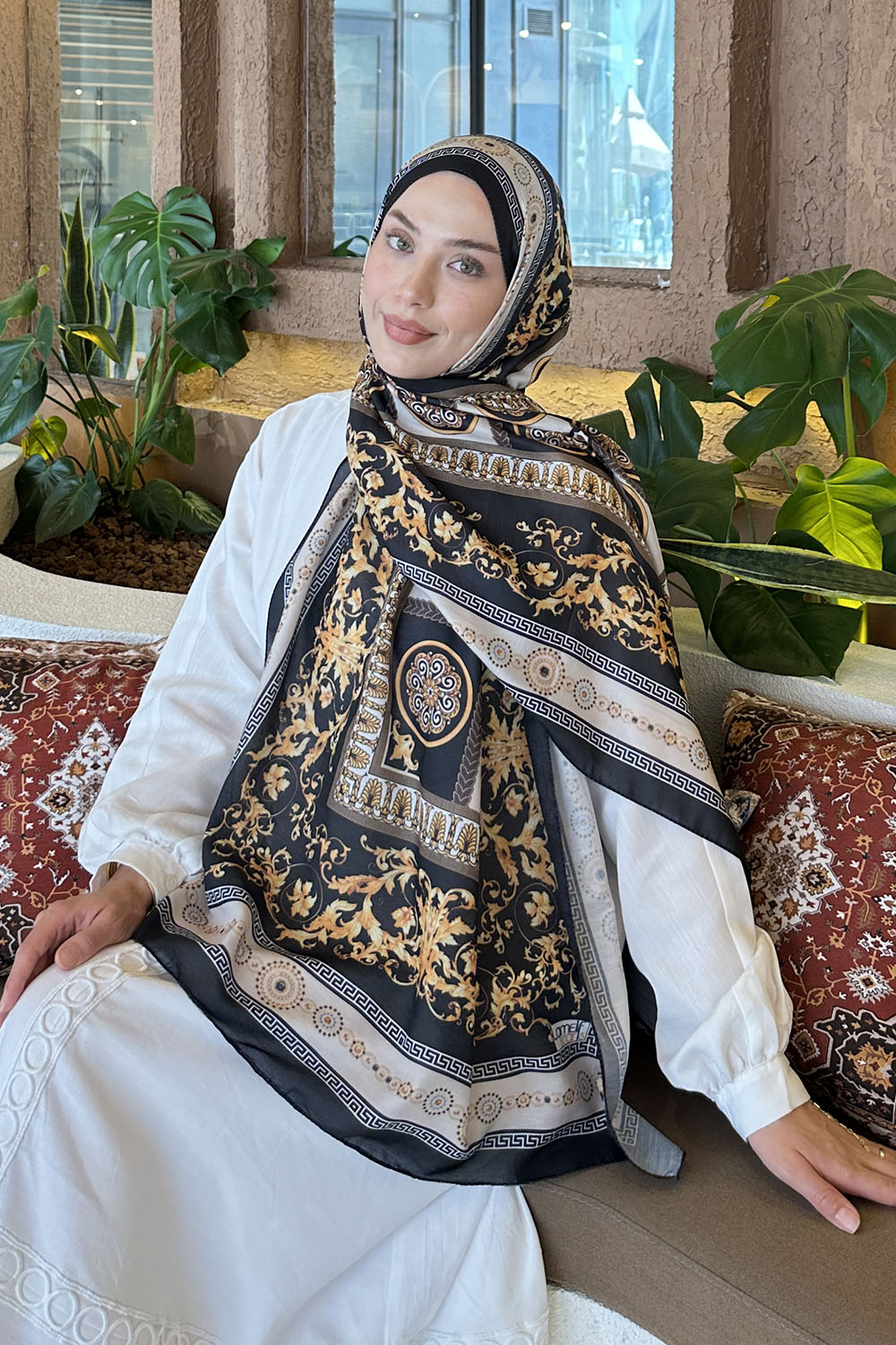 Lamelif Versa Desen Pamuk Şal Siyah Bej