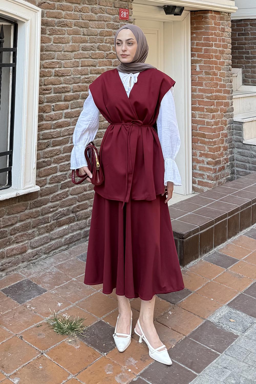 Lamelif Yelek-Etek İkili Tesettür Takım Bordo
