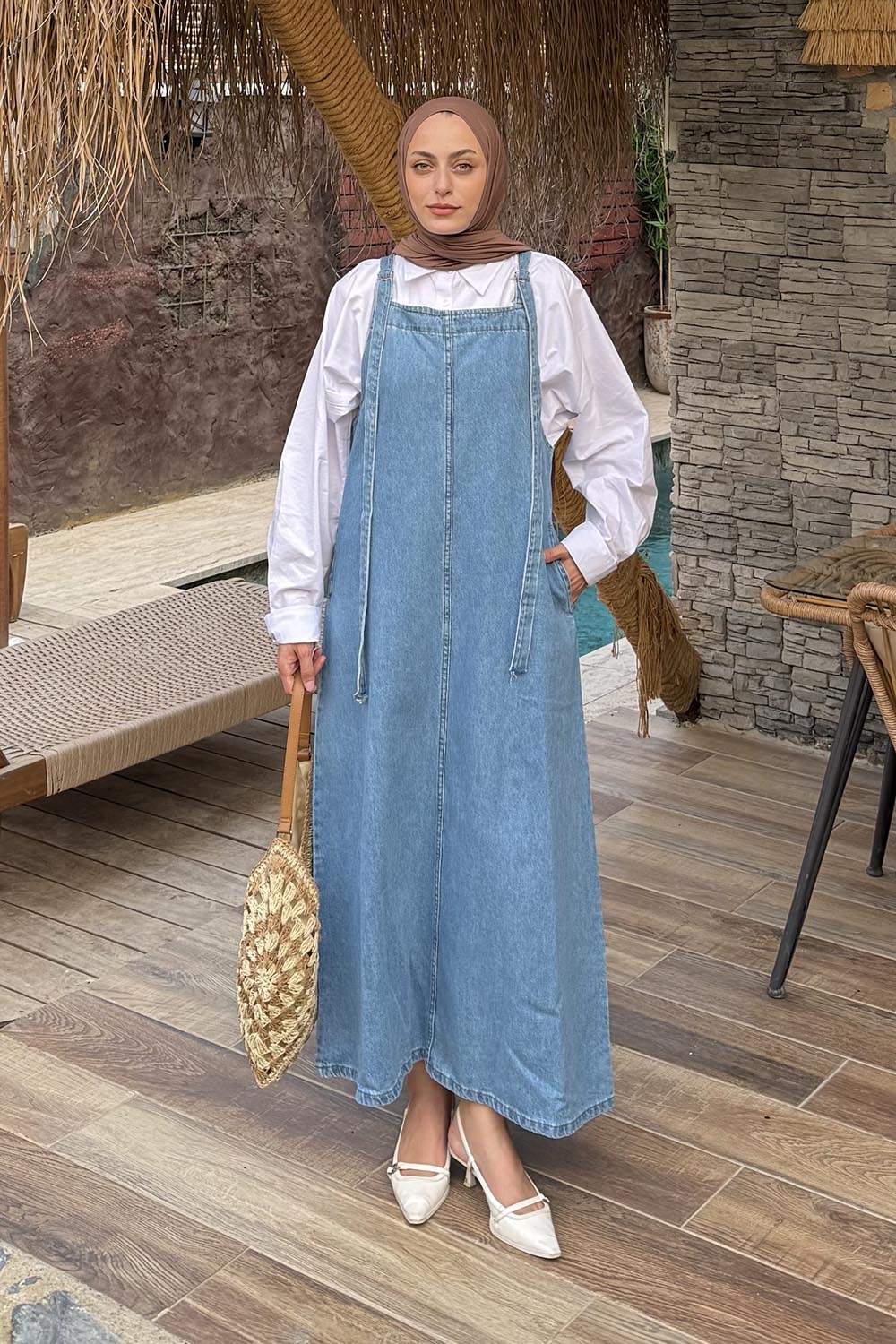 Lamelif Askılı Denim Salopet Elbise Mavi