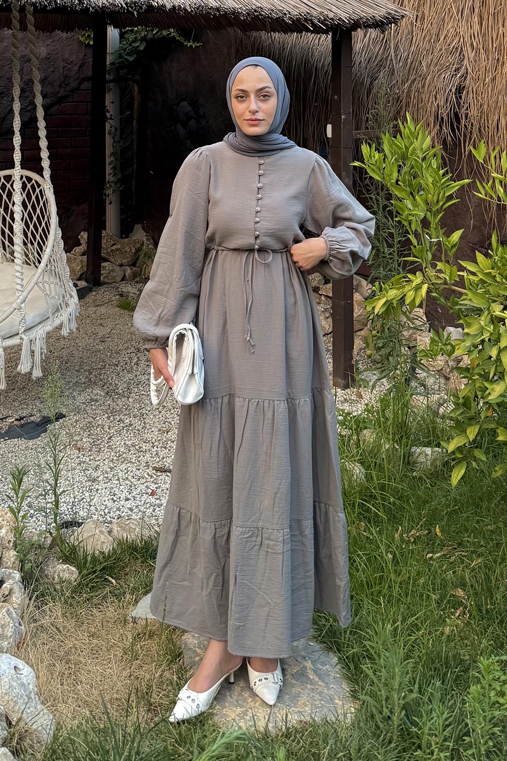 Lamelif Bel Büzgülü Tesettür Elbise  Gri