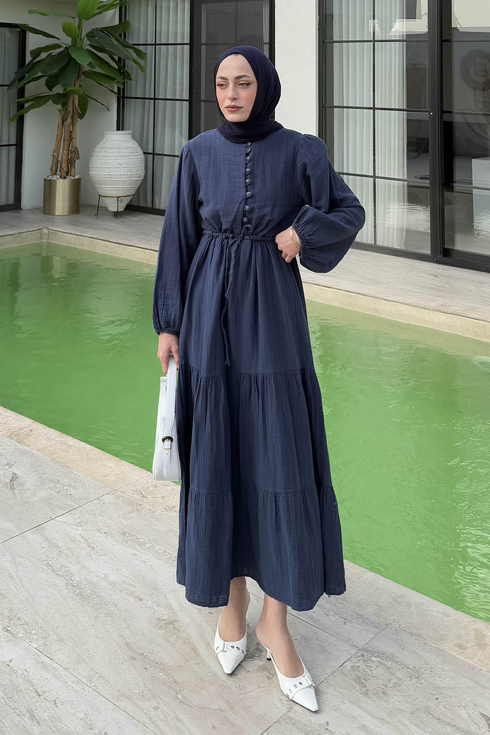Lamelif Bel Büzgülü Tesettür Elbise  Lacivert