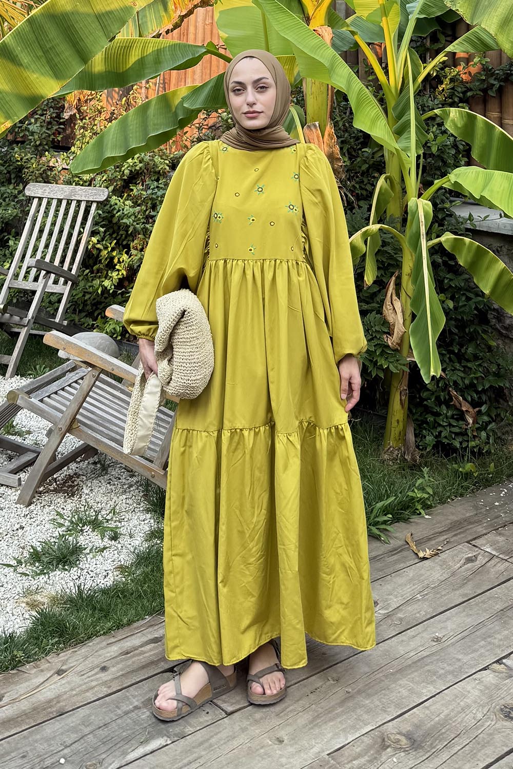 Oil Green Crew Neck Cotton Printed Dresess