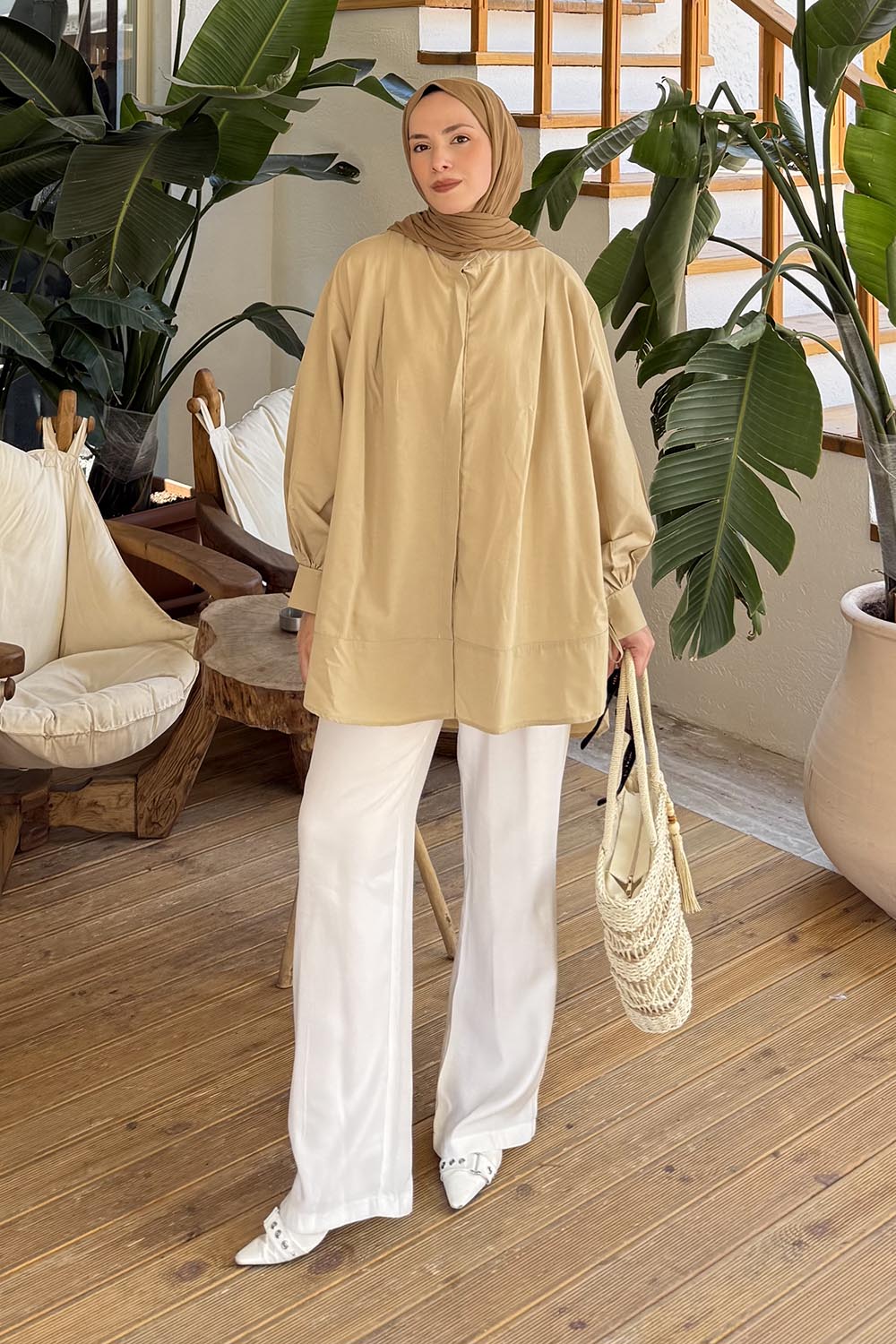 Lamelif Manşeti Biyeli Tunik Krem