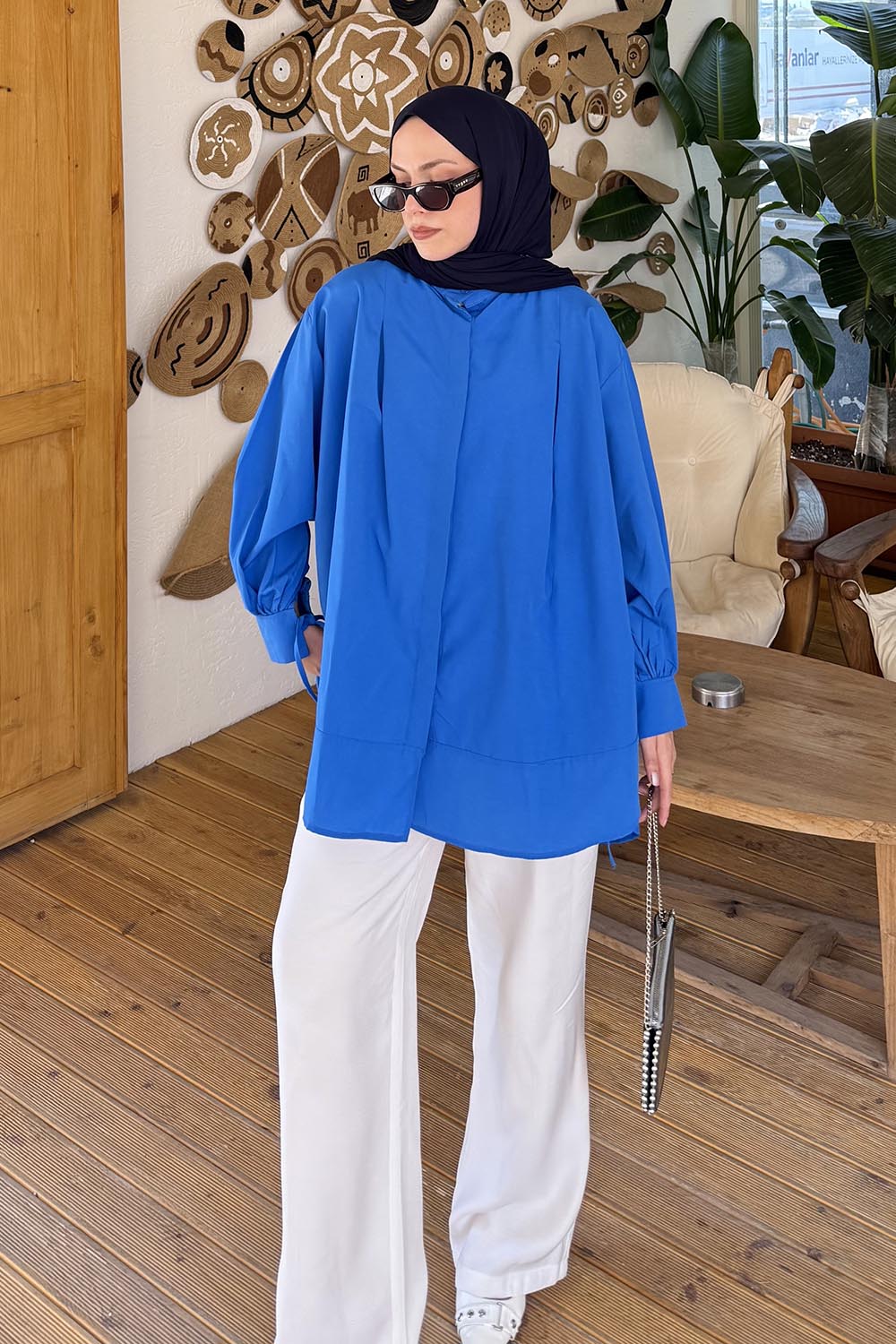 Lamelif Manşeti Biyeli Tunik Mavi