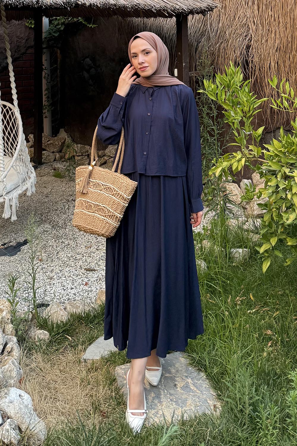 Lamelif Omuz Pile Detaylı Etekli Takım Lacivert