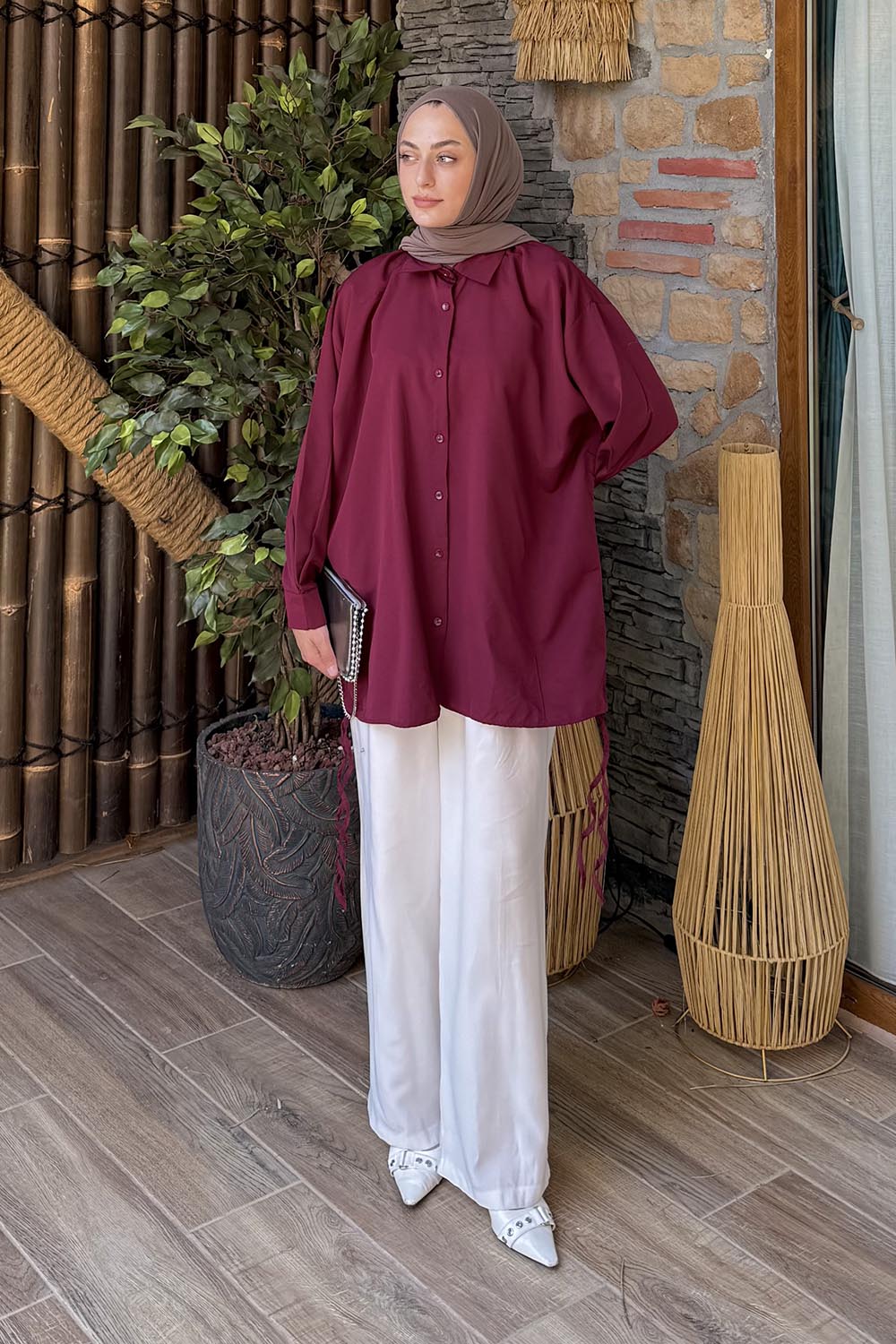 Lamelif Oversize Gömlek Bordo