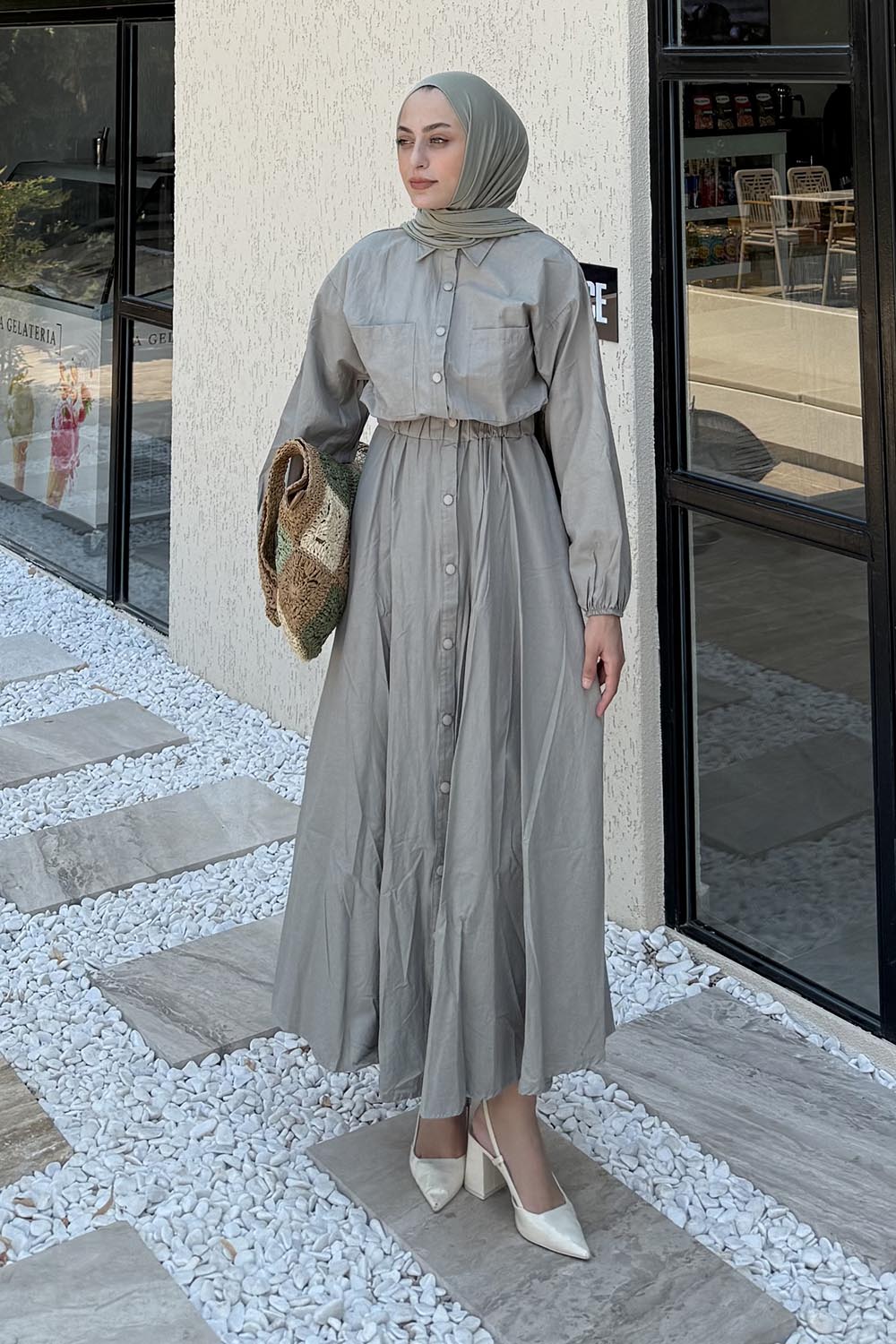 Lamelif Pat Detaylı Tesettür Elbise Çağla Yeşili