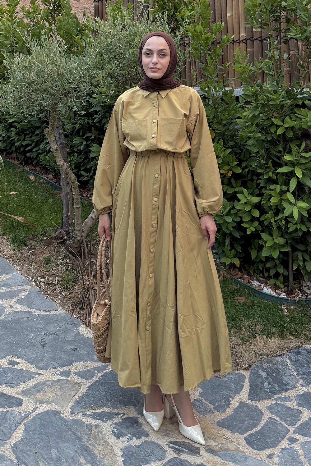 Lamelif Pat Detaylı Tesettür Elbise Hardal Sarısı