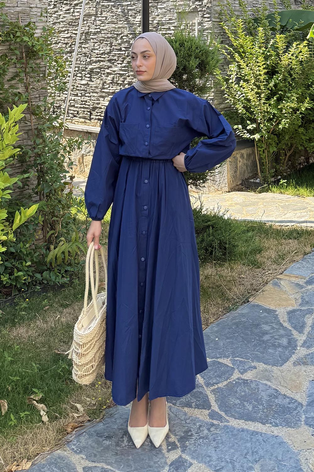 Lamelif Pat Detaylı Tesettür Elbise Lacivert