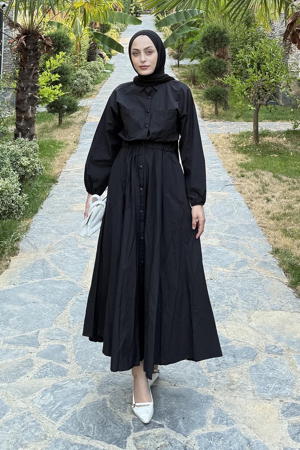 Lamelif Pat Detaylı Tesettür Elbise Siyah
