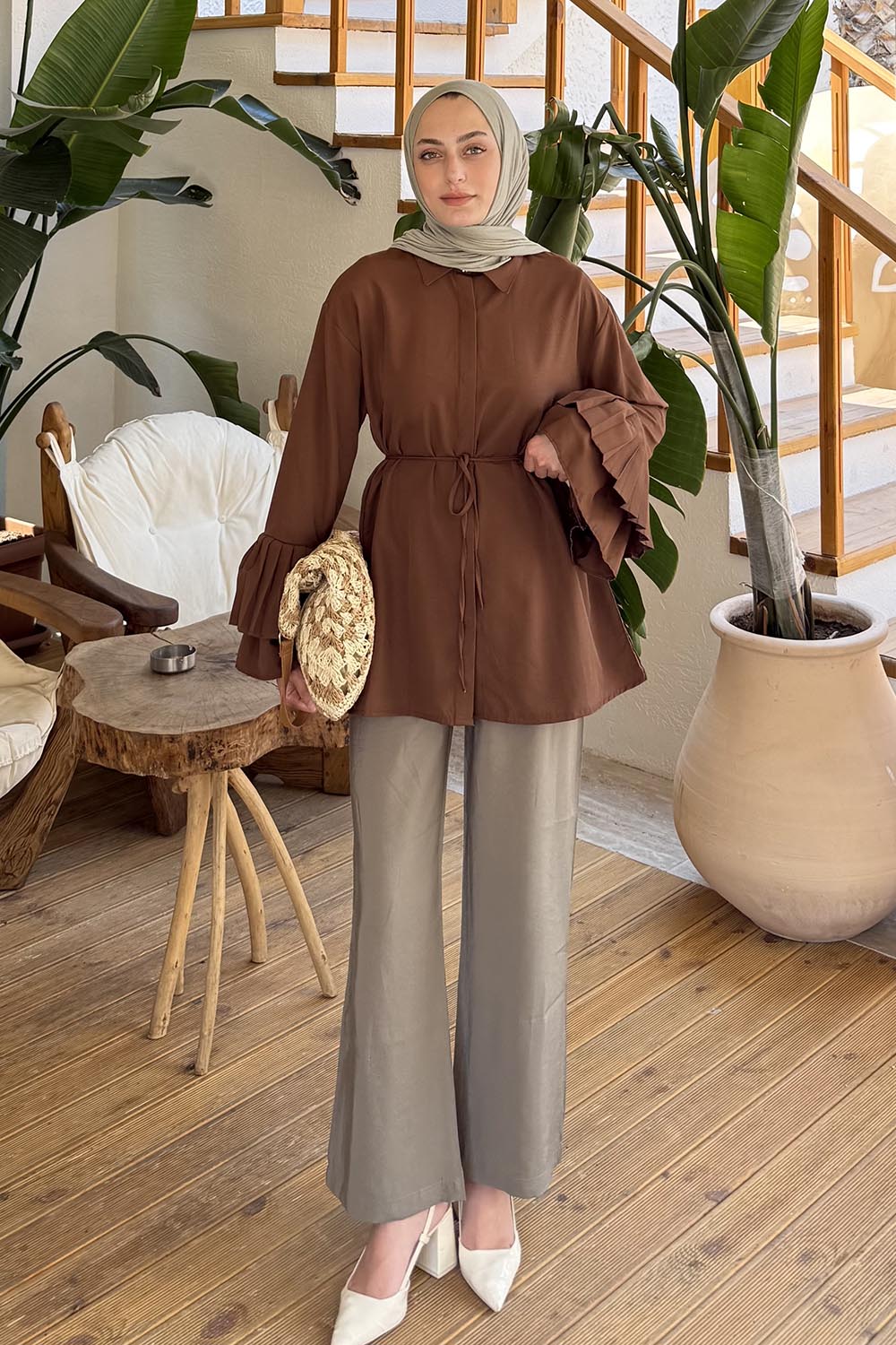 lamelif Piliseli Uzun Gömlek Acı Kahve