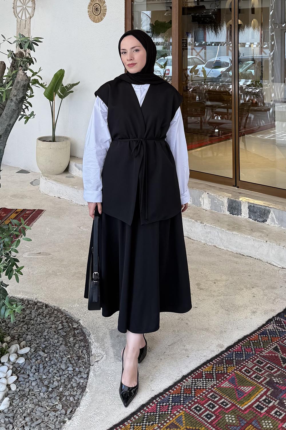 Lamelif Yelek-Etek İkili Tesettür Takım Siyah