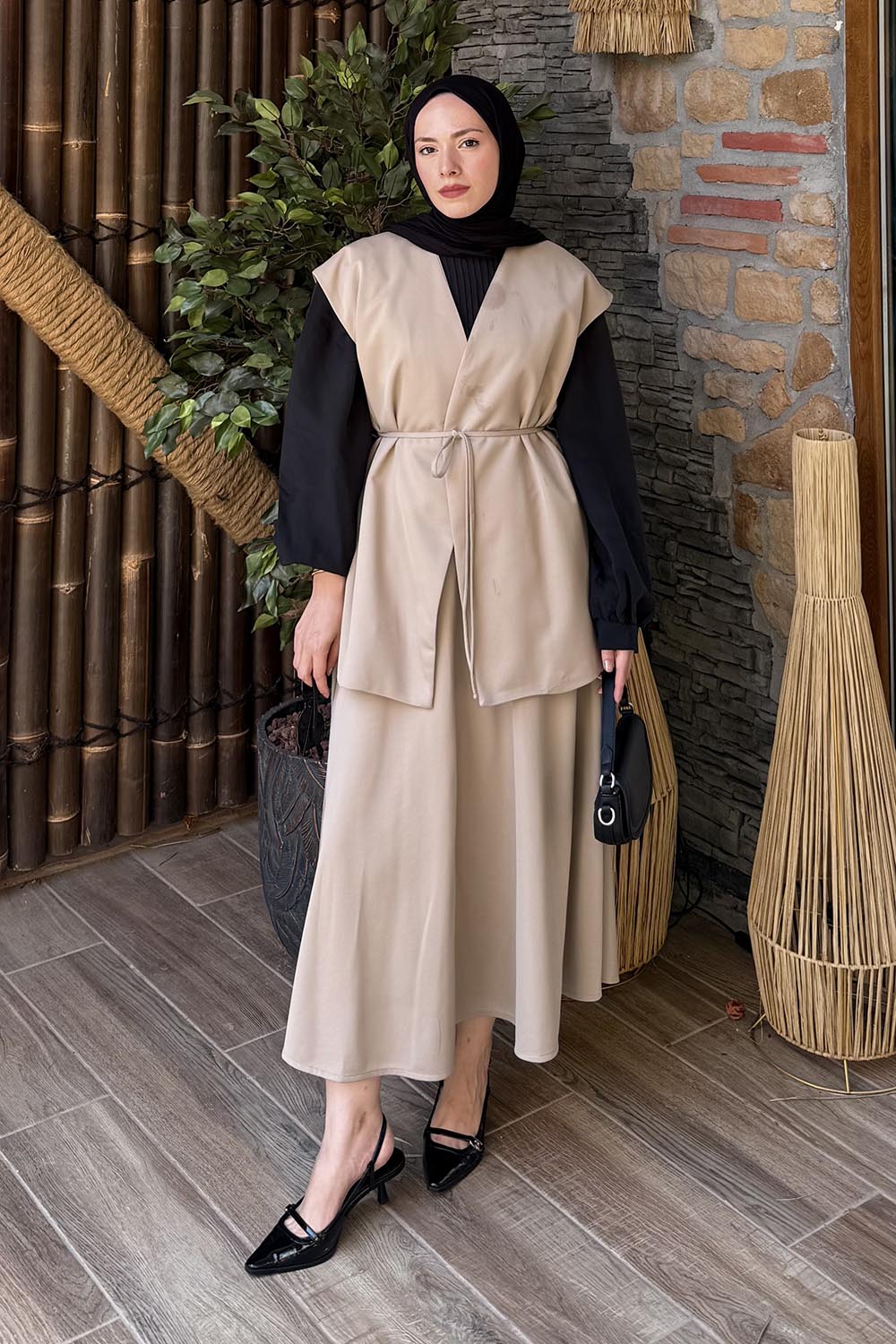 Lamelif Yelek-Etek İkili Tesettür Takım Vizonrengi