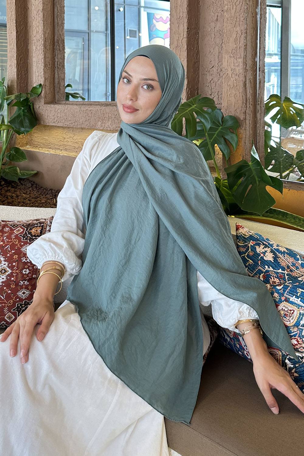 Plum Green Cotton Straight Shawl