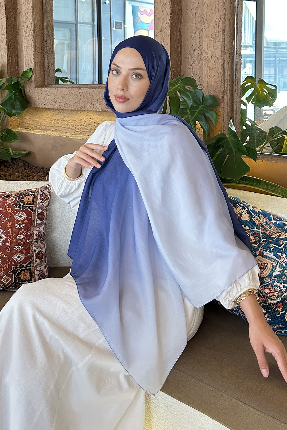 Lamelif Degrade Desen Soft Şal Gece Mavisi