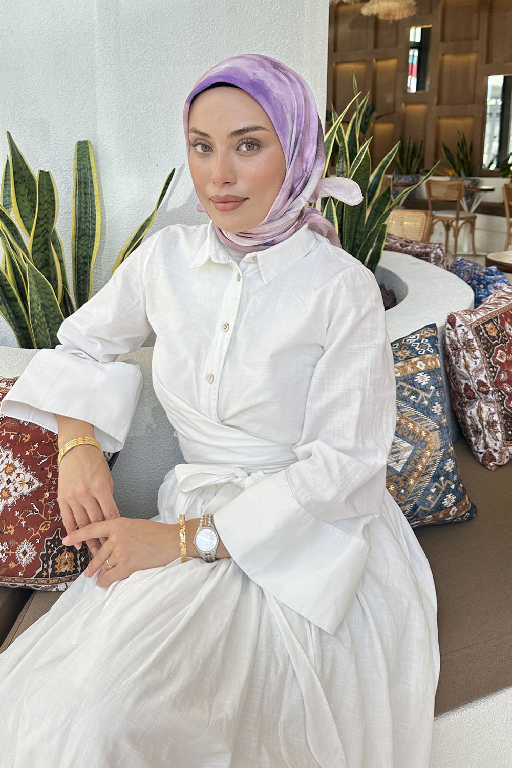 Lamelif Batik Çiçek Desen Soft Eşarp Lila