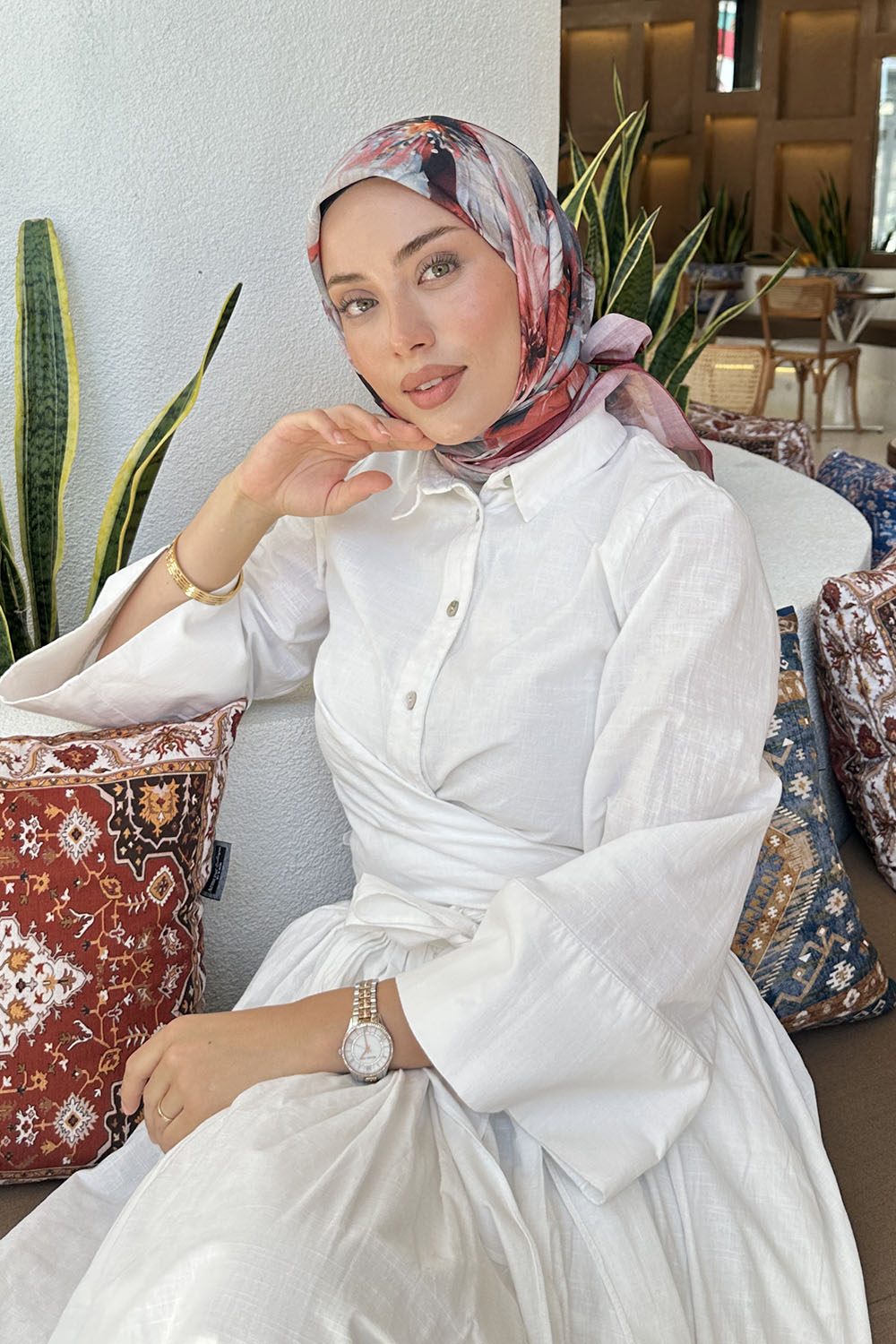 Lamelif Çiçek Desen Soft Eşarp Bordo