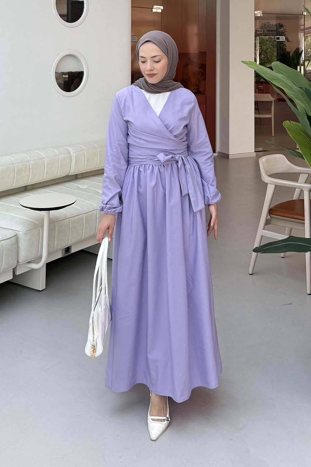 Lamelif Bağlama Detaylı Bluz-Etek Tesettür Takım Lila