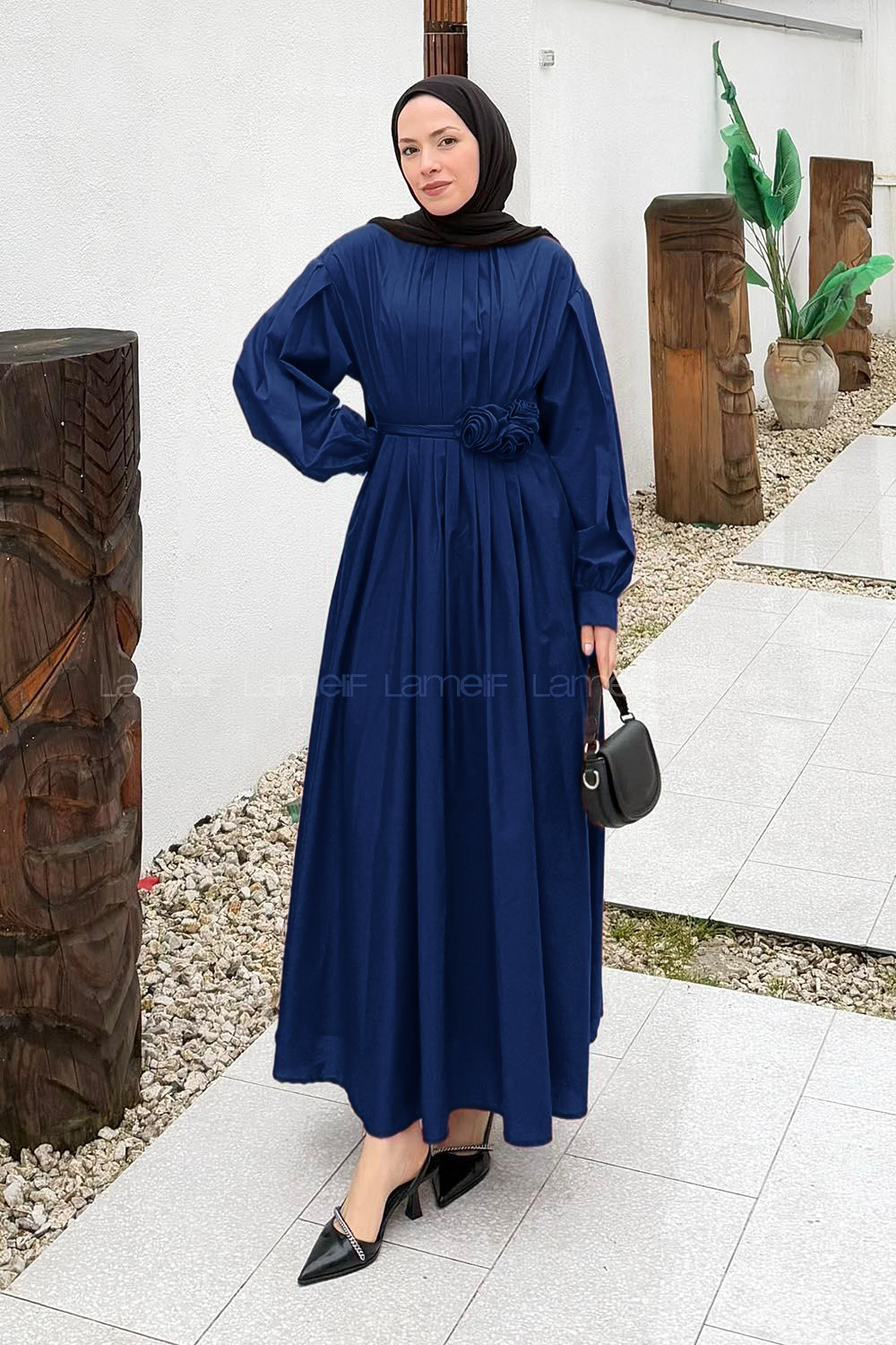 Lamelif Pileli Poplin Elbise Lacivert