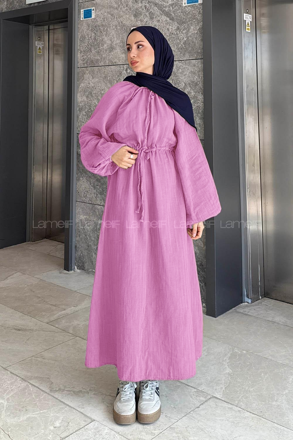 Pink Loose Crew Neck Linen Dresess