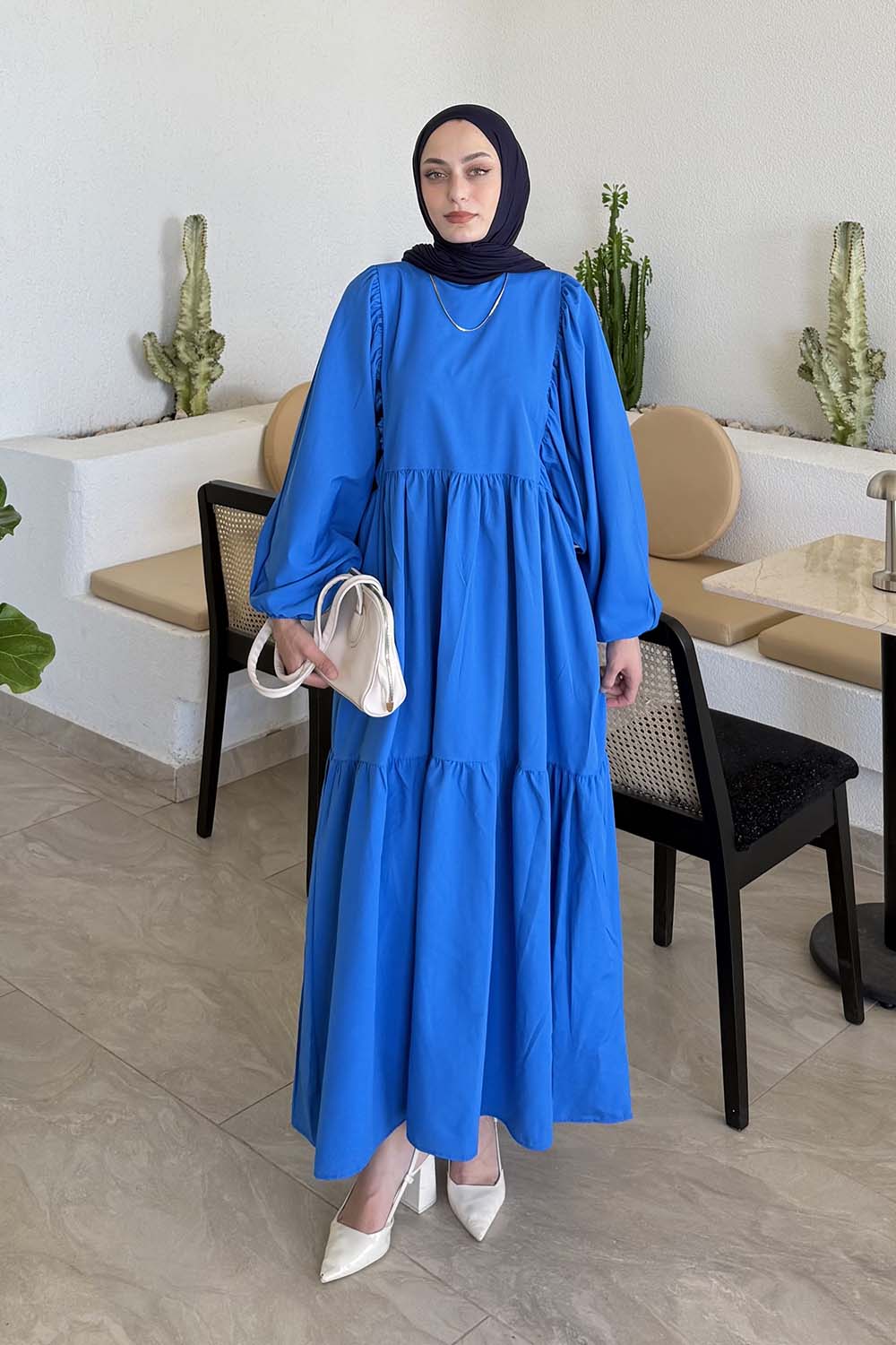 Lamelif Balon Kol Katlı Tesettür Elbise Saks Mavisi