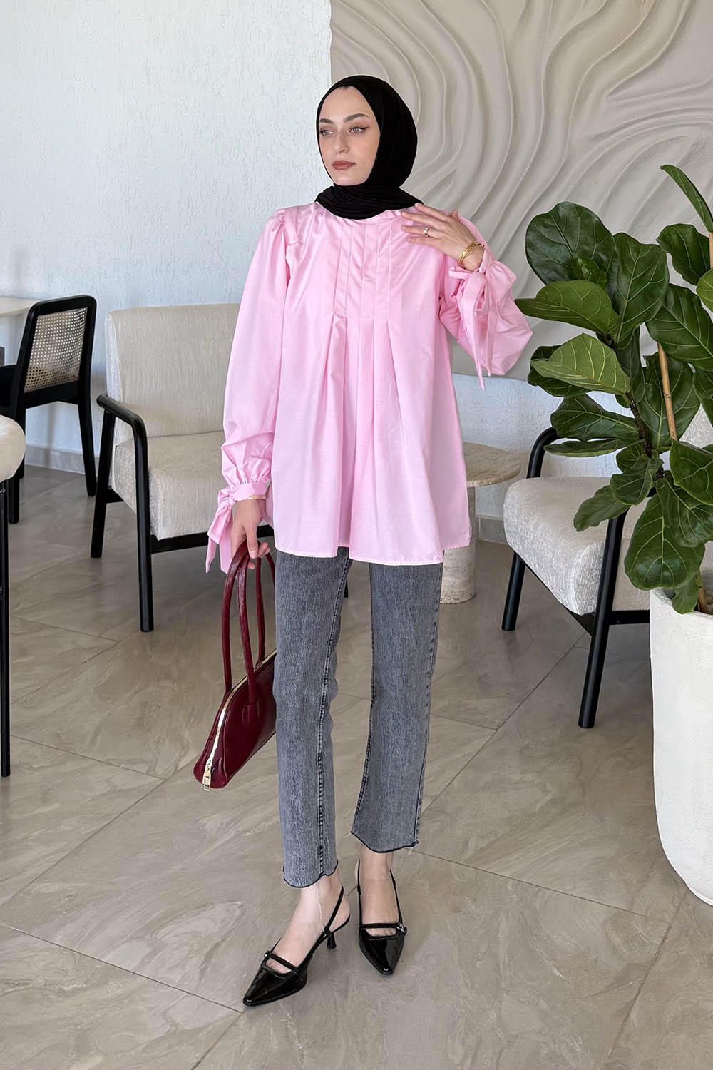 Lamelif Kolu Bağlamalı Pileli Bluz Pembe