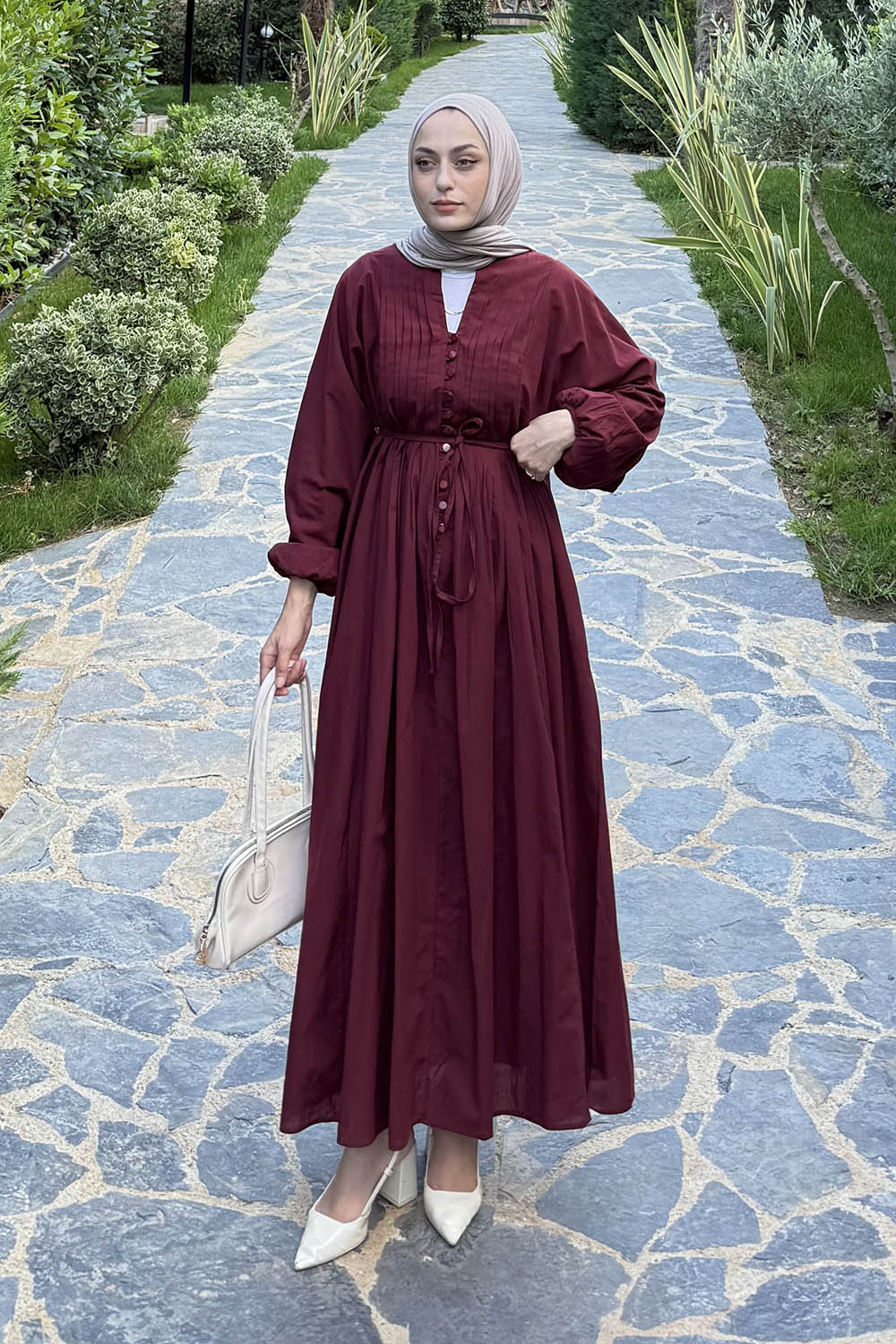 Lamelif Nervürlü Vual Tesettür Elbise Mürdüm