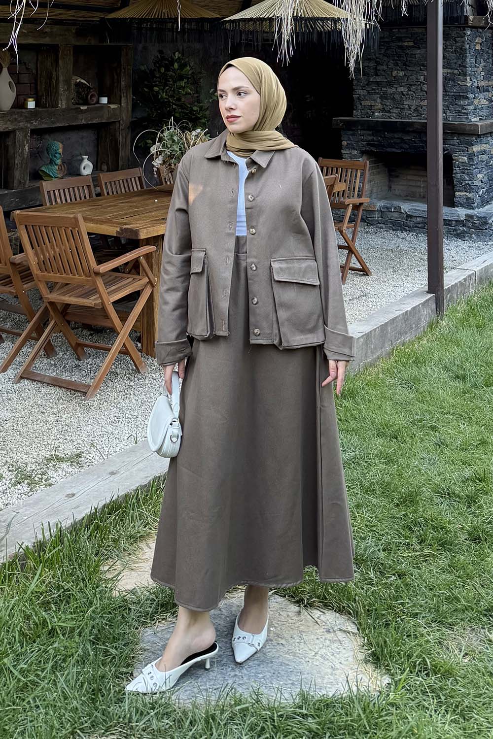 Lamelif Cep Detaylı İkili Etek  Tesettür Takım mocha mousse