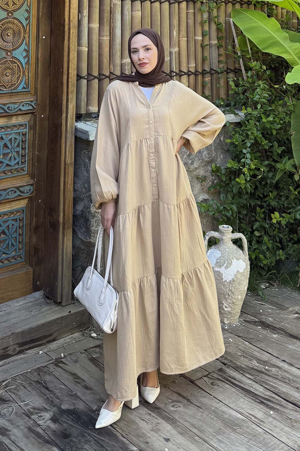 Sand Beige Mandarin Collar Cotton Unprinted Dresess