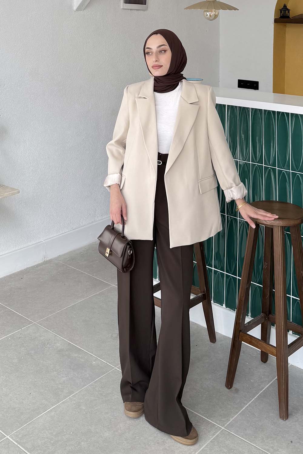 Lamelif Çizgili Astarlı Tesettür Ceket Taş Rengi