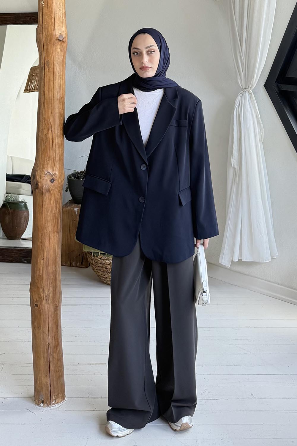 Lamelif Dekoratif Cep Detaylı Tesettür Ceket Lacivert