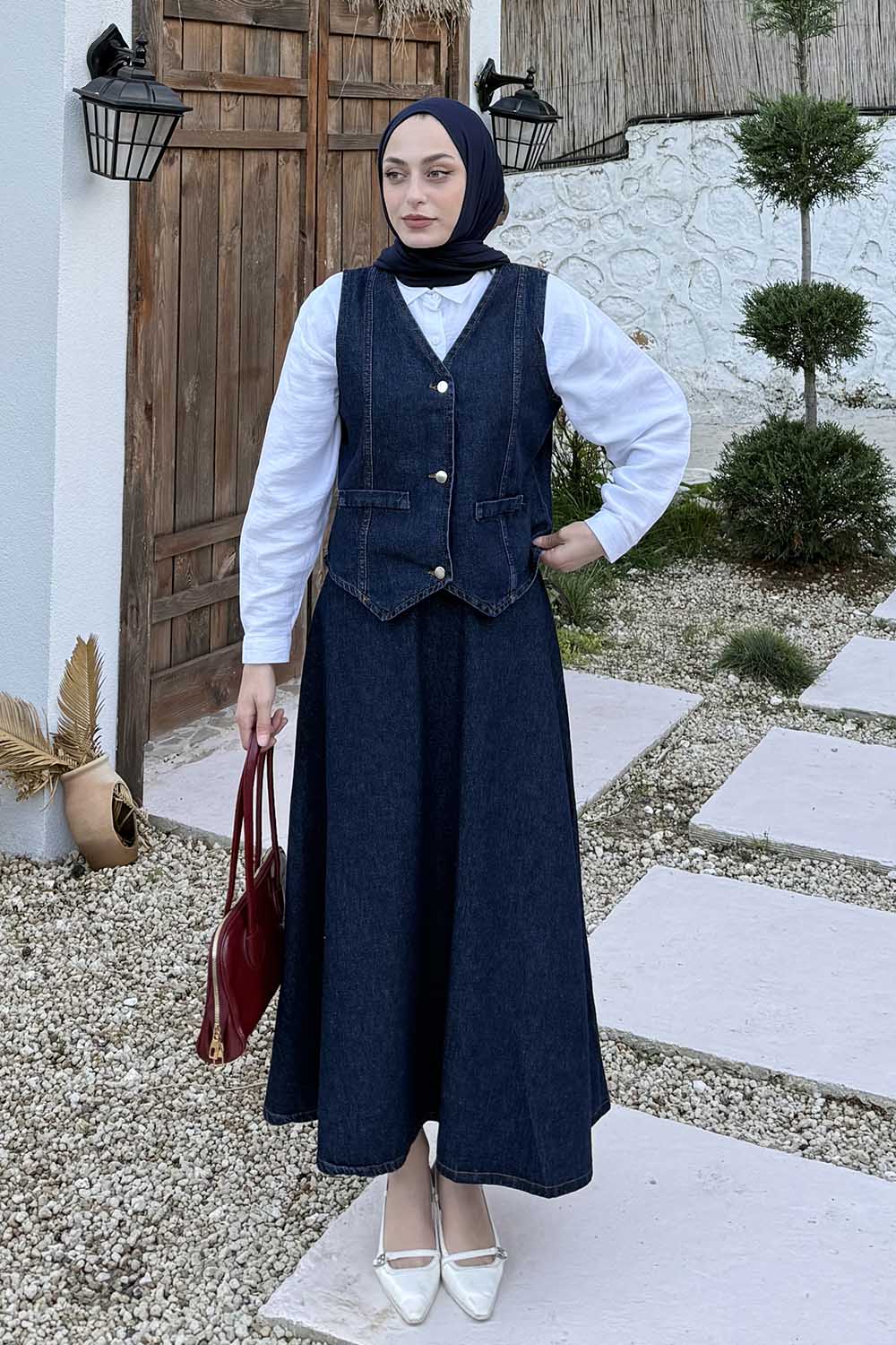 Lamelif Denim Yelek-Etek İkili Tesettür Takım Koyu Yıkama Mavi