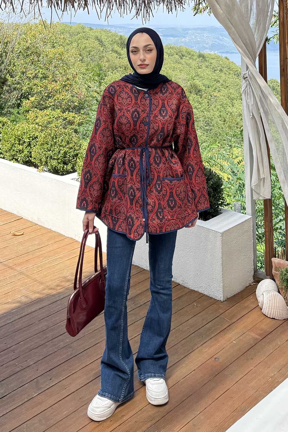 Lamelif Etnik Desenli Biyeli Ceket Rengarenk