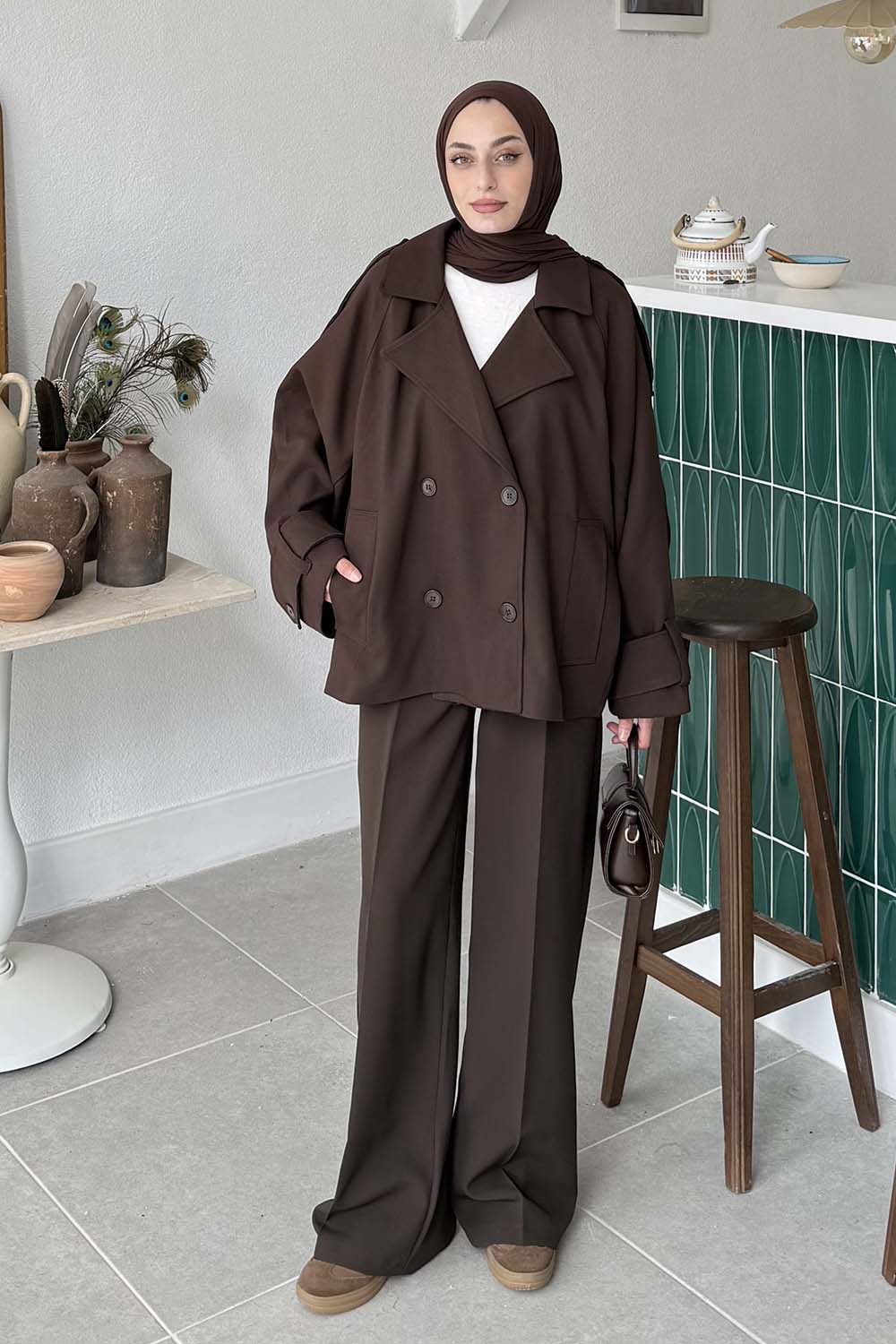 Lamelif Kruvaze Kısa Tesettür Trençkot Acı Kahve