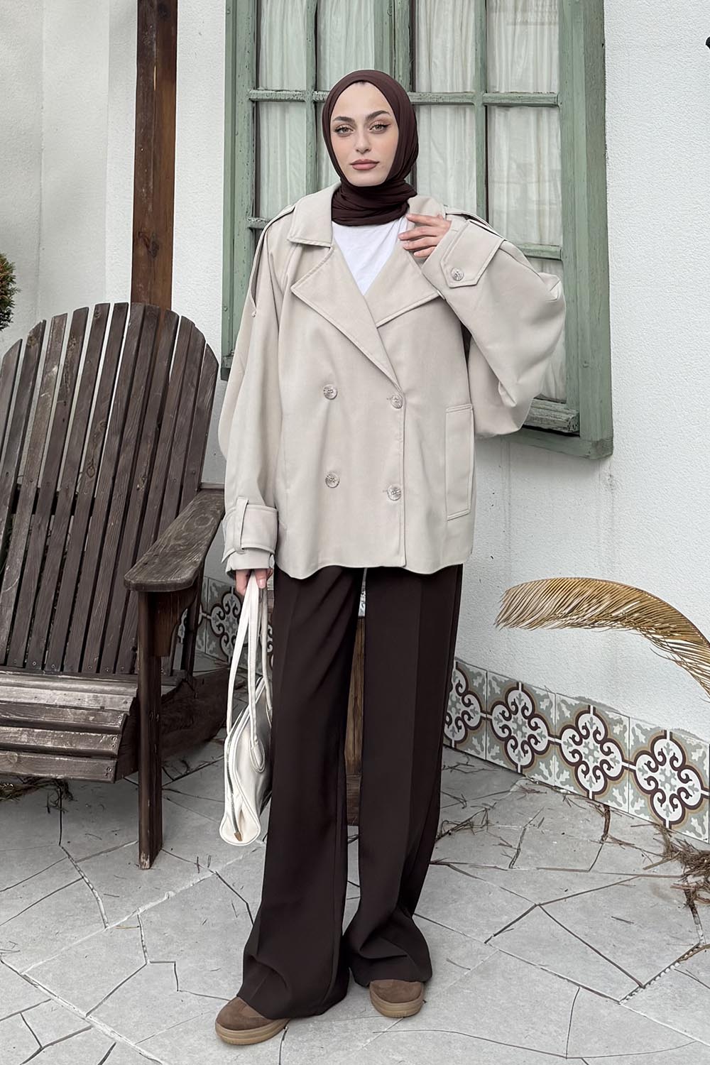 Lamelif Kruvaze Kısa Tesettür Trençkot Taş Rengi