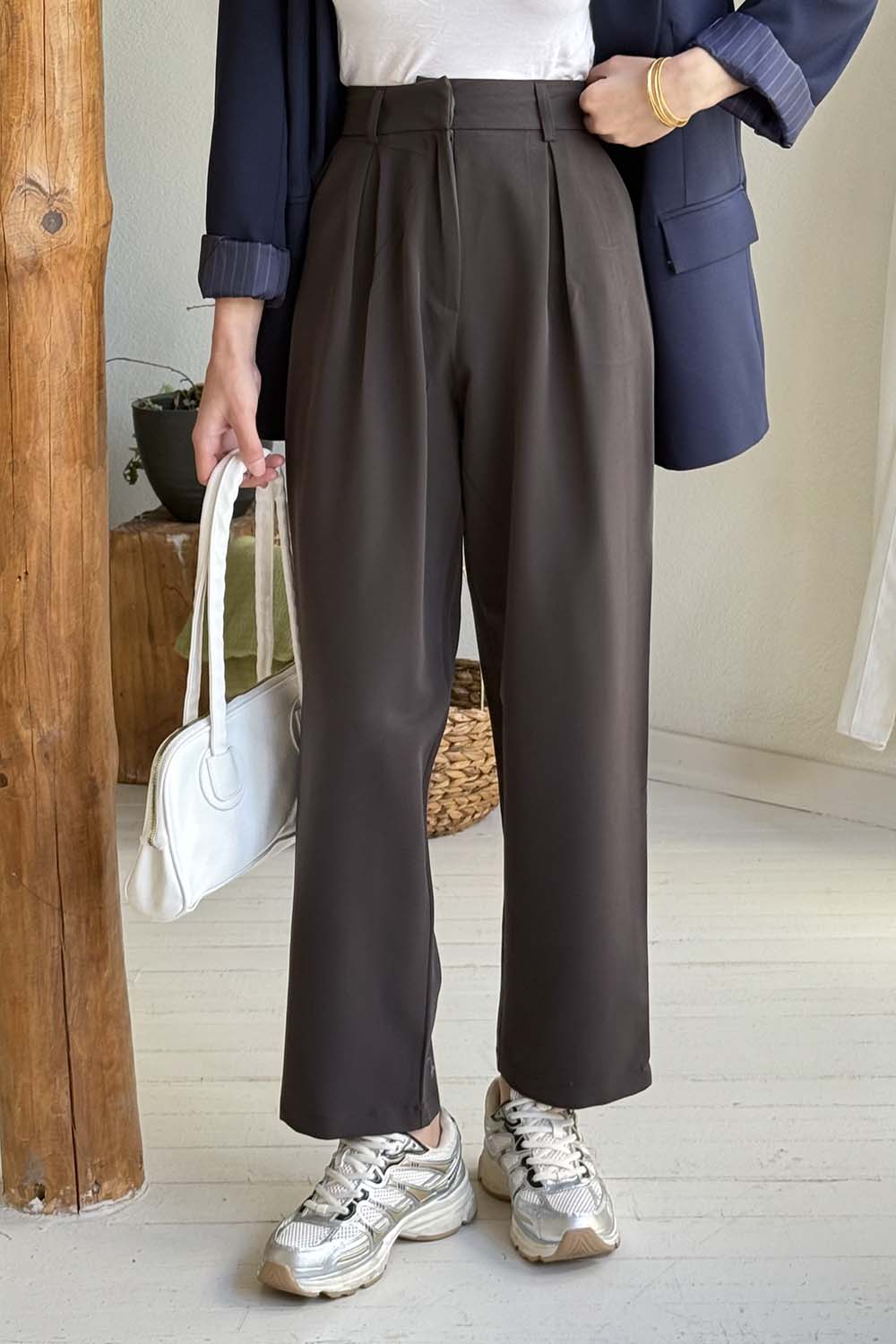 Bitter Brown Viscose Fabric Elastan Polyester Normal Waist Material Pants