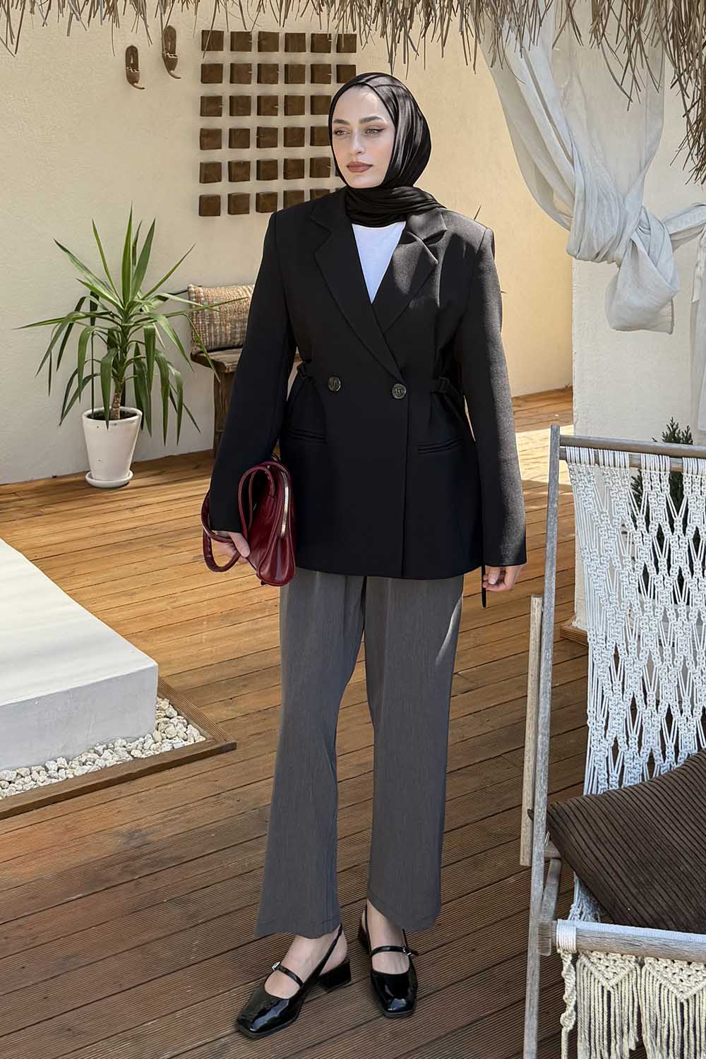 Lamelif Yandan Bağlamalı Ceket Siyah