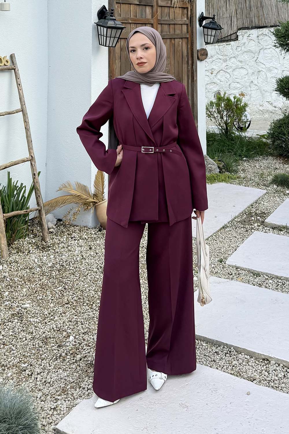 Lamelif Ceket-Pantolon İkili Tesettür Takım Bordo