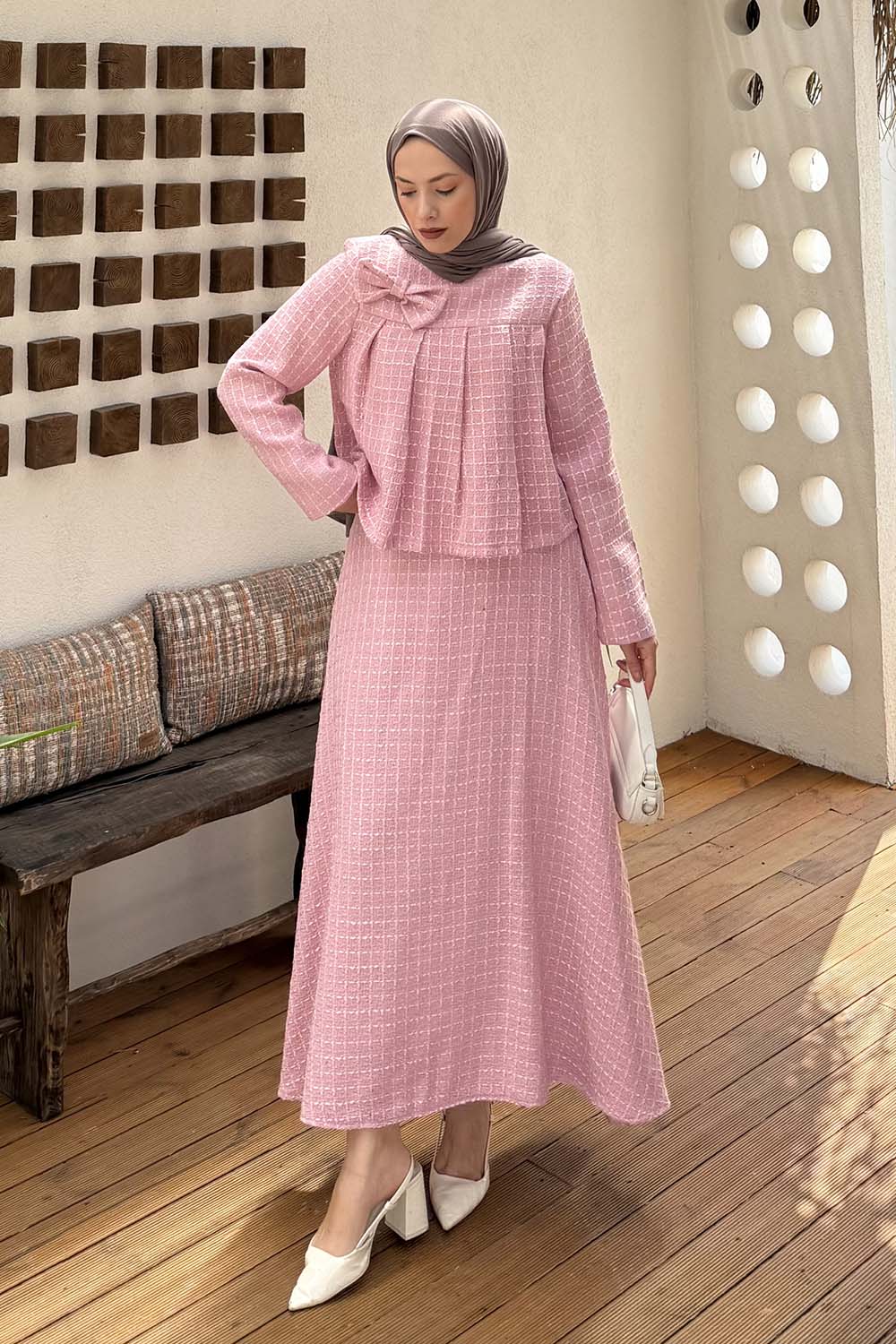 Lamelif Pile Detaylı Tesettür Tüvit Takım Pembe