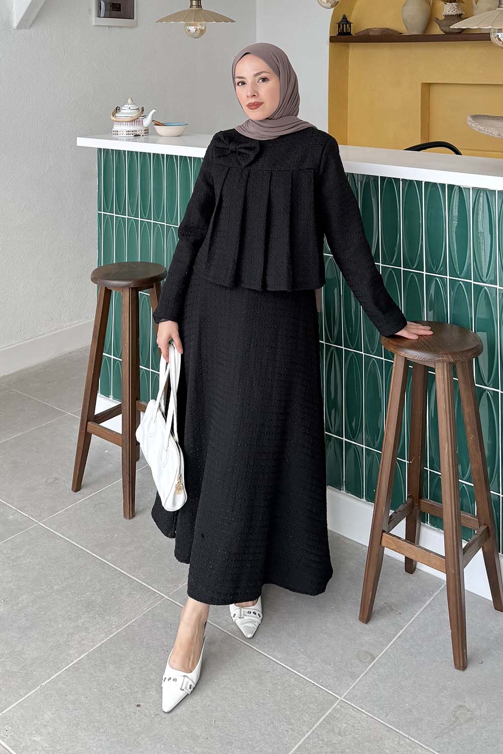 Lamelif Pile Detaylı Tesettür Tüvit Takım Siyah