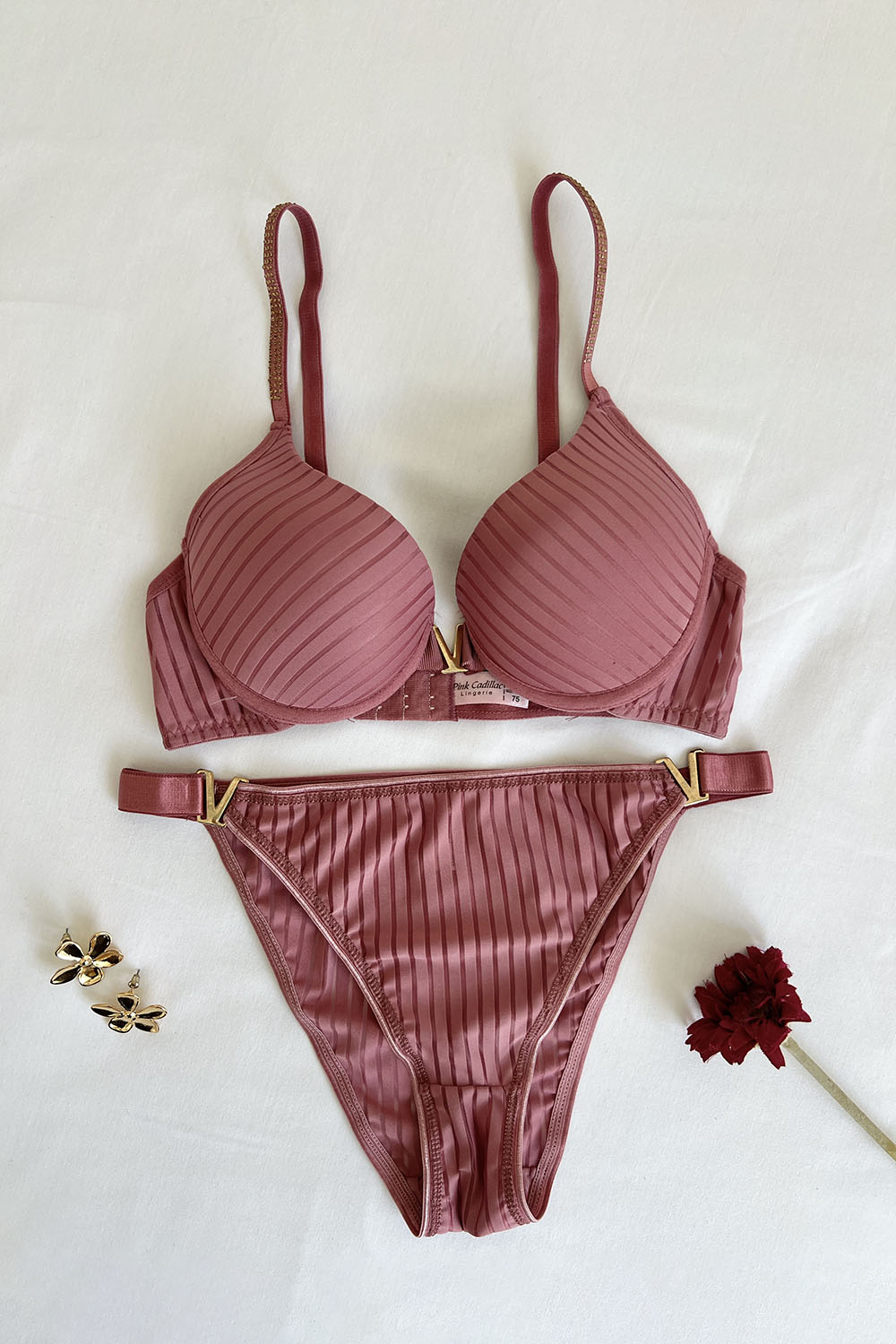 Lamelif Fitilli Destekli Sütyen Takım Gül Renk