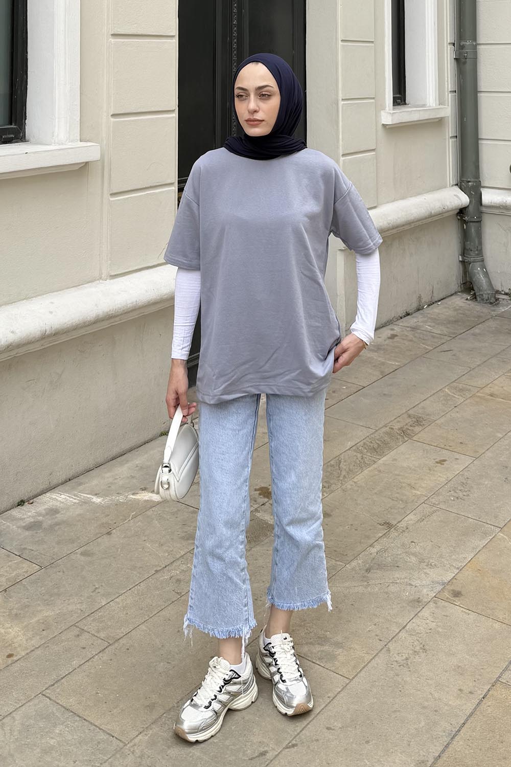 Lamelif Bsikilet Yaka İki İplik Tişört Gri